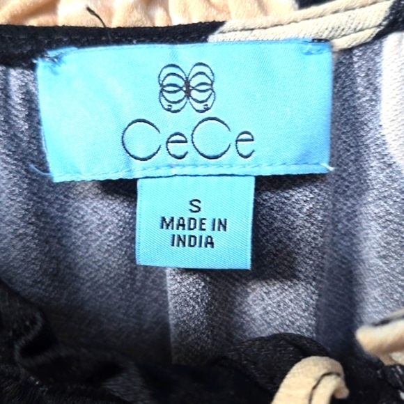 Cece Black Tan Floral Short Puff Sleeve Tie Front Blouse Small - Picture 3 of 5